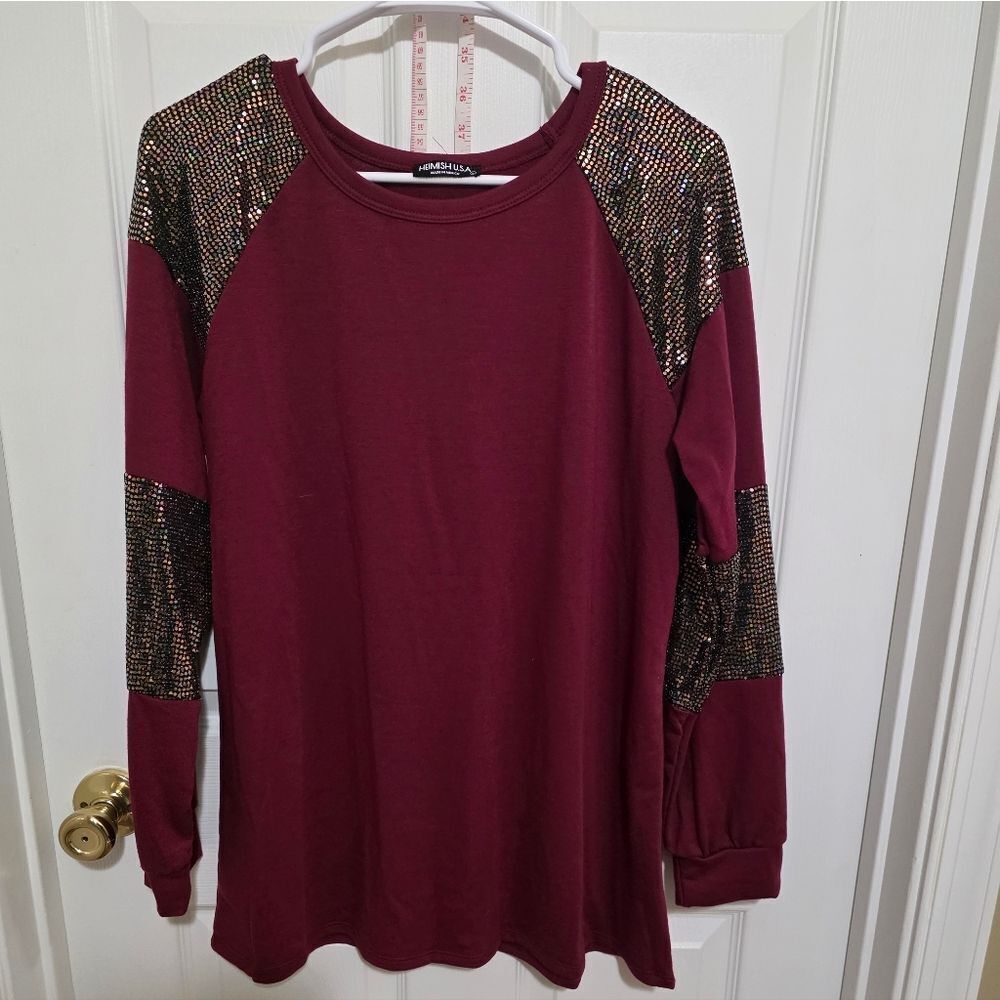 Heimish Burgundy Sequin Sleeve Top NEW Size LG